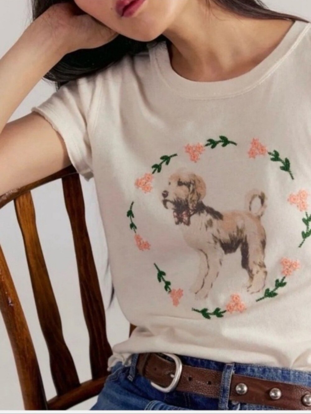 NWT Free People We The Free Fur Friend Embroidered Dog Tee Doodle Ivory Size L